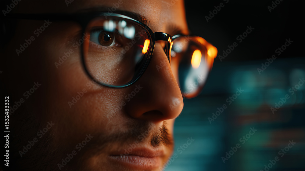 Wall mural close-up of a programmer wearing glasses with code reflections on lenses