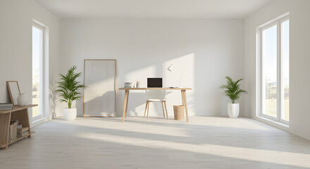 Scandinavian Home Office with Wooden Desk and Natural Light