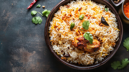 Delicious chicken biryani served in rustic bowl with fresh coriander and spices perfect for food photography recipes or restaurant ads
