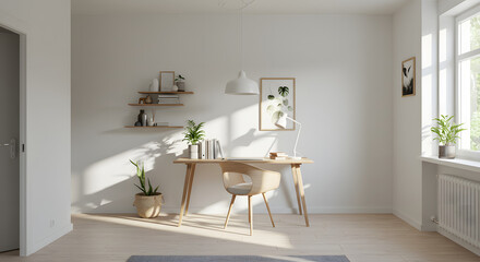 Scandinavian Home Office with Wooden Desk and Natural Light