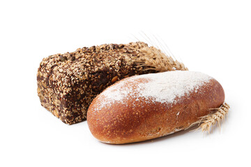 Fresh bread loaves and spikes isolated on white