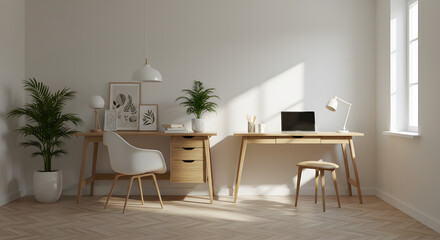Scandinavian Home Office with Wooden Desk and Natural Light