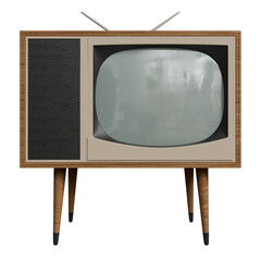 A vintage, off-white television set with a round screen, dark gray speaker grille, and light wood legs, sits against a black background.  The screen displays a hazy, grayish image