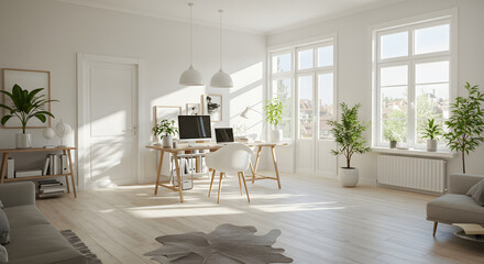 Scandinavian Home Office with Wooden Desk and Natural Light