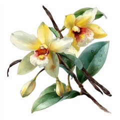 Watercolor Illustration of Vanilla Orchids and Pods.