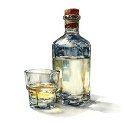 Watercolor painting of bottle and shot glass
