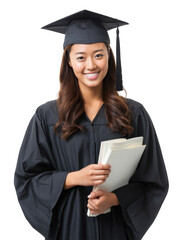 Portrait of an asian woman in graduation gown and cap holding books smiling at the camera isolated