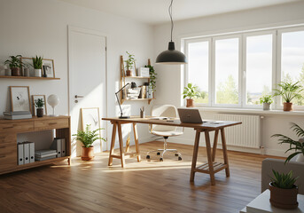 Scandinavian Home Office with Wooden Desk and Natural Light