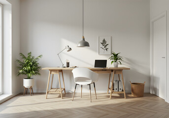 Scandinavian Home Office with Wooden Desk and Natural Light