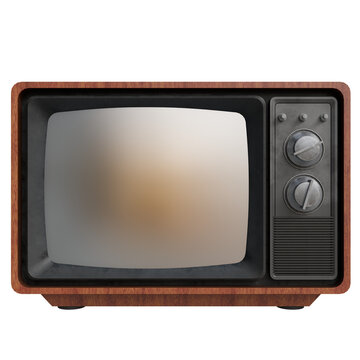 A vintage television set with a dark wood-grain cabinet, a gray metallic bezel, and two rotary knobs on the right side. The screen shows a blurry, muted orange-toned image