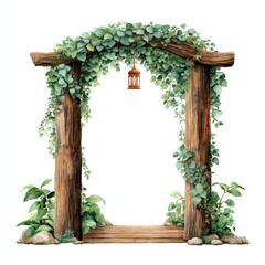 Watercolor Wooden Garden Arch with Green Foliage and Lantern