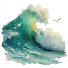 Watercolor style painting of a large ocean wave and seagull.