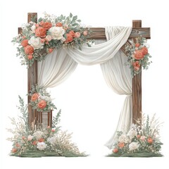 Elegant Wooden Wedding Arch with Flowers and Draping