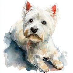 Watercolor Painting of West Highland White Terrier Lying Down.