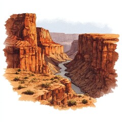 Watercolor Illustration of Vast Canyon Landscape with River
