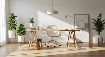 Scandinavian Home Office with Wooden Desk and Natural Light