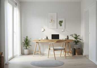 Scandinavian Home Office with Wooden Desk and Natural Light