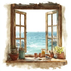 Watercolor Painting: Open Window with Sea View.