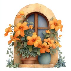 Rustic Arched Window with Vibrant Orange Flowers