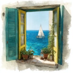 Mediterranean Window View with Sailboat and Blue Sea.