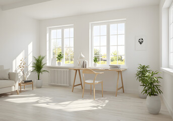 Scandinavian Home Office with Wooden Desk and Natural Light