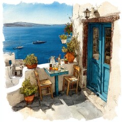 Greek Island Balcony Watercolor View