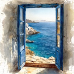 Mediterranean Sea View Through Open Blue Door - Watercolor Painting