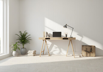 Scandinavian Home Office with Wooden Desk and Natural Light