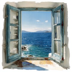Idyllic Seascape Through an Open Window - Watercolor Painting.