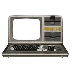 A vintage, all-in-one computer system with a monochrome monitor, integrated keyboard, metallic grey casing showing signs of age and use.  The design is boxy and features several buttons