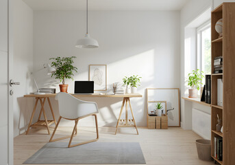 Scandinavian Home Office with Wooden Desk and Natural Light