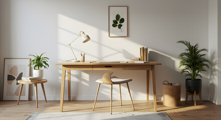 Scandinavian Home Office with Wooden Desk and Natural Light