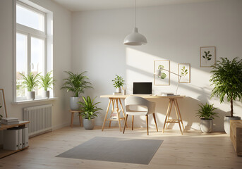 Scandinavian Home Office with Wooden Desk and Natural Light