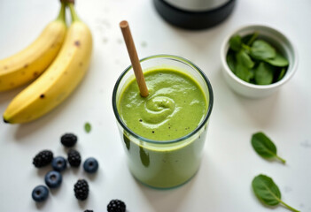 Green Smoothie with Straw on Minimal Background