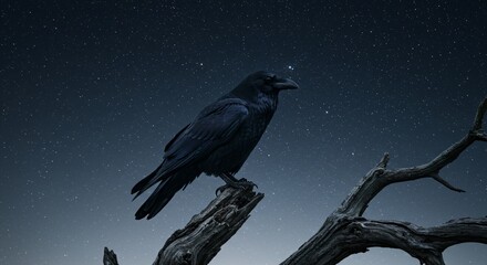 Fototapeta premium Dark raven perched on a dead branch in a mystical forest. Spooky night scene for Halloween or fantasy concept.