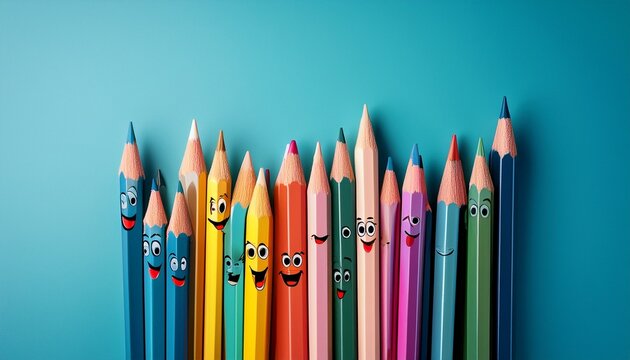 colorful wooden pencils with expressive faces display various emotions in the copy space image