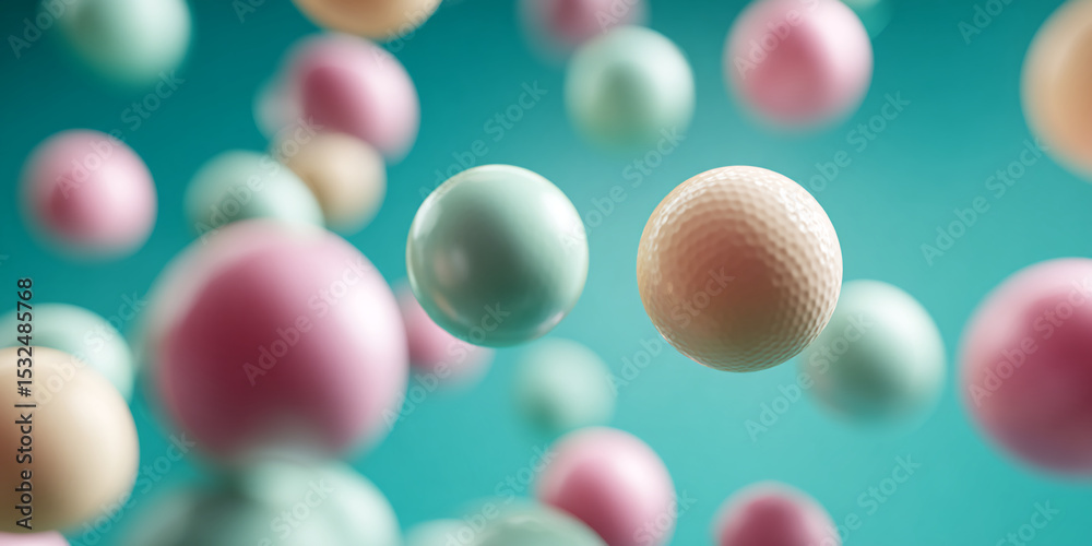 Poster pastel-colored spheres float against a teal backdrop, creating a light and airy feel, showcasing a p