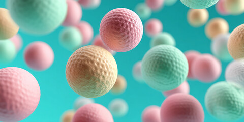 Pastel-colored spheres with textured surface float against a teal background, suggesting lightness, airiness, and a playful mood