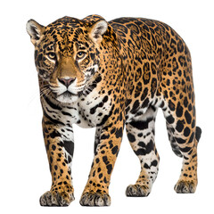 Obraz premium Magnificent jaguar prowling forward, intense gaze, powerful predator, feline presence on transparent background
