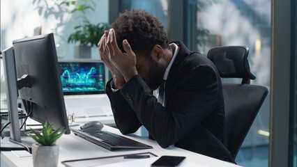 Scared shocked African American man businessman sad failure male frustrated upset guy business...