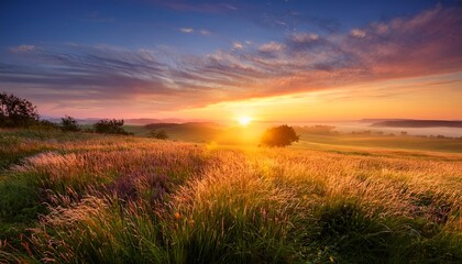 Obraz premium gorgeous sunrise above meadow copy space image place for adding text or design