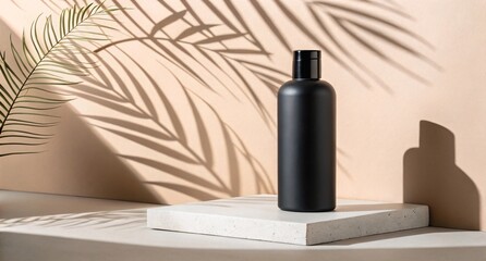 Matte Black Cosmetic Bottle on Beige Podium Minimal Skincare Packaging with Palm Leaf Shadows in Natural Soft Light Aesthetic
