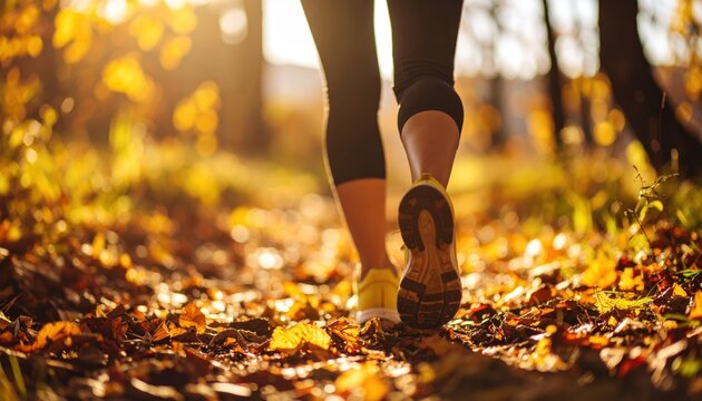 A person in athletic shoes walks on a path covered with colorful autumn leaves, surrounded by a sunlit forest.