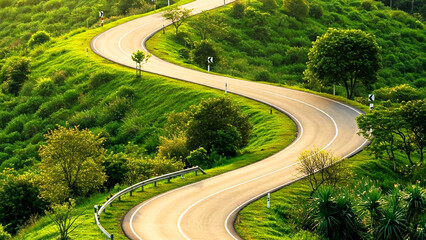 Peaceful Road Surrounded by Nature,Empty Road Winding Through Nature