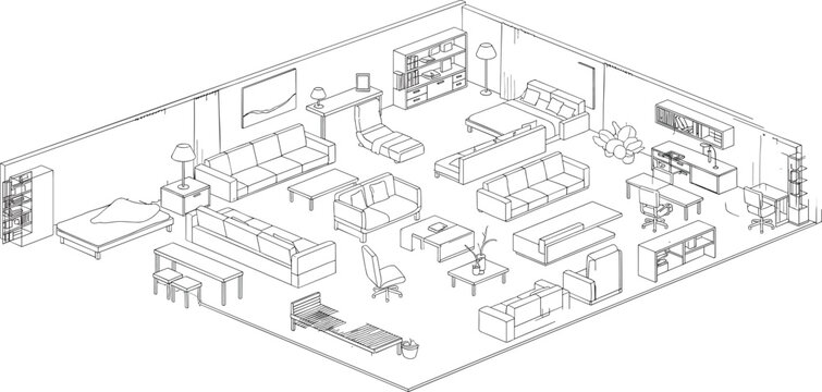 Isometric home interior floor plan, detailed apartment furniture layout, living room kitchen bedroom setup, black and white vector, modern house decor, architectural design illustration