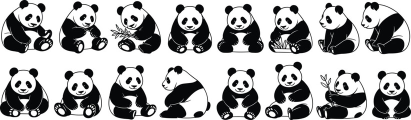 Cute cartoon panda bear illustrations in various sitting and eating poses, isolated vector icons collection on white background, perfect for children, design, decor, and stickers