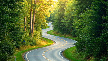 Peaceful Road Surrounded by Nature,Empty Road Winding Through Nature