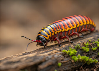 Centipede on Wood: A vibrant centipede, displaying bold colors and intricate patterns, navigates the textured surface of a piece of wood, its antennae alert as it explores its micro-habitat.