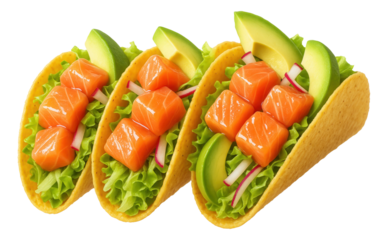 Three tacos filled with fresh salmon cubes, avocado slices, lettuce, and radish in a crispy taco shell.