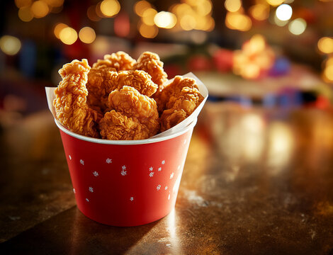 A photograph of a KFC chicken bucket, A red paper bucket filled with golden fried chicken pieces, captured in close-up shots. The background is blurred and adorned with festive decorations for Christm